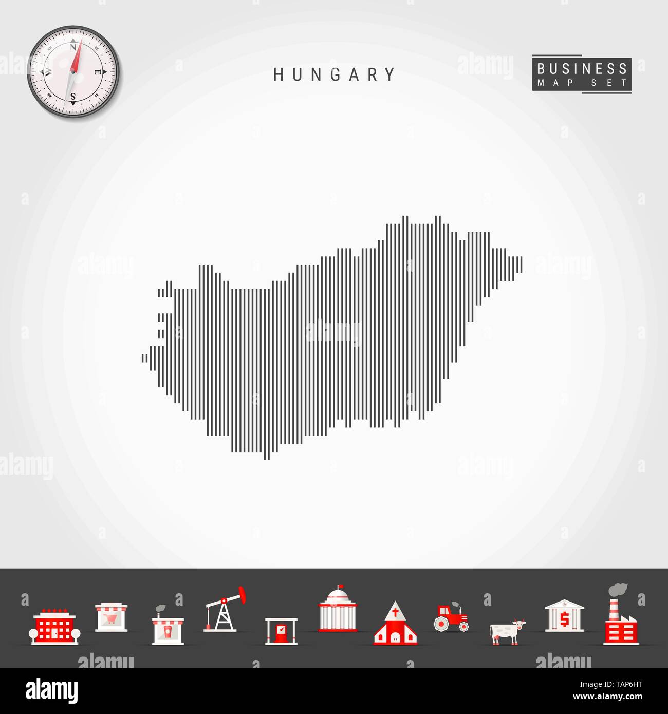 Vektor vertikale Linien Muster Karte von Ungarn. Gestreift Einfache Silhouette von Ungarn. Realistische Vektor Kompass. Business Infografik Symbole. Stock Vektor