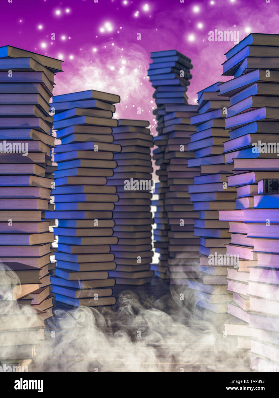 Stapel der alten Bücher, Rauch und Magie funkelt, Konzept der Fantasy lesen, 3D-Bild gerendert werden. Stockfoto