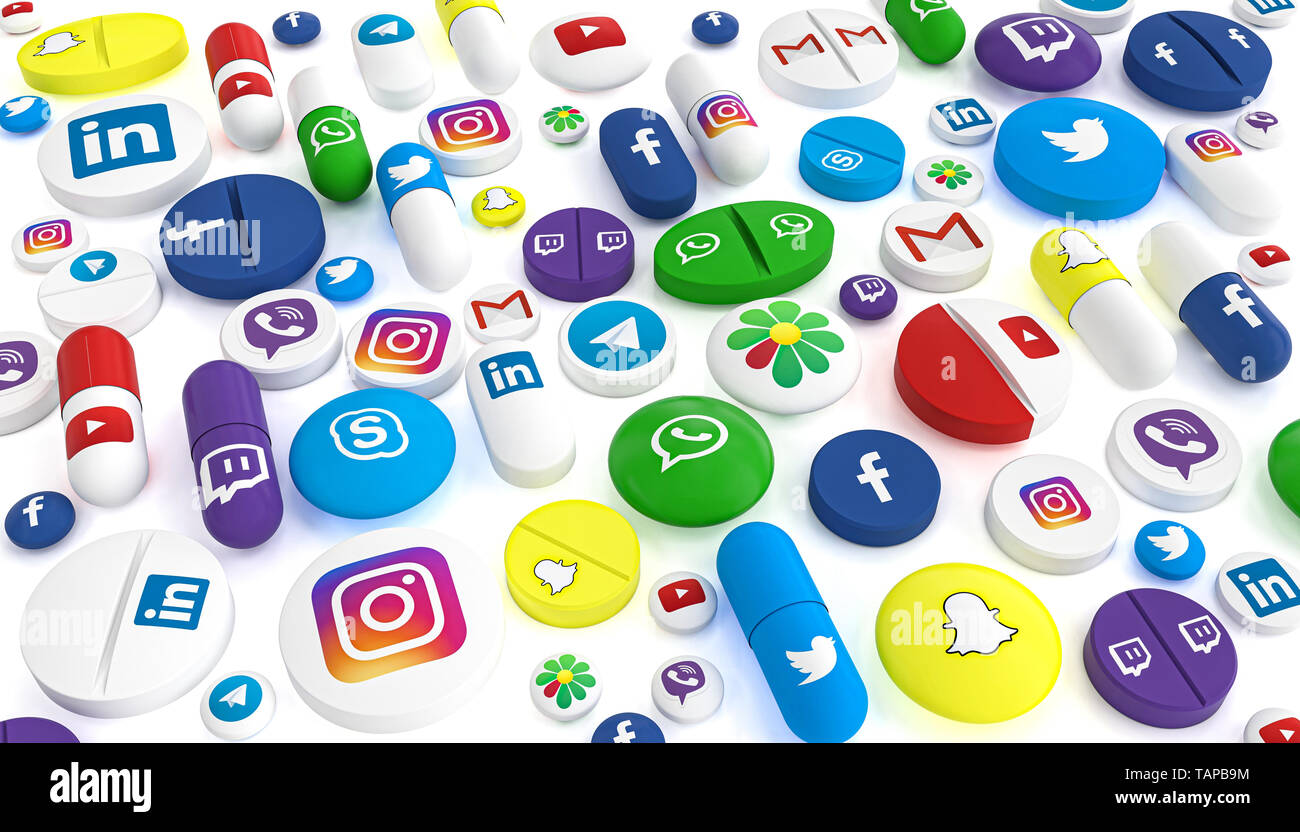 Mailand, Italien - 27. Mai 2019: Pillen verschiedener Arten und Größen, die das Logo der bekanntesten sozialen Netzwerken. 3D-Bild gerendert werden. Editorial illustra Stockfoto