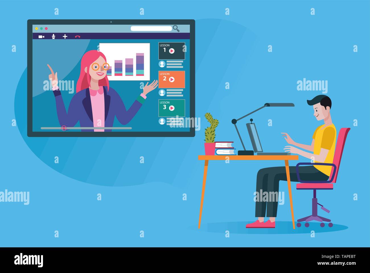 Mann nach einer online Bildung und e-Learning Kurs über seinen Laptop mit einem online professionelle Lehrer. Flaches Design Illustration. Stock Vektor