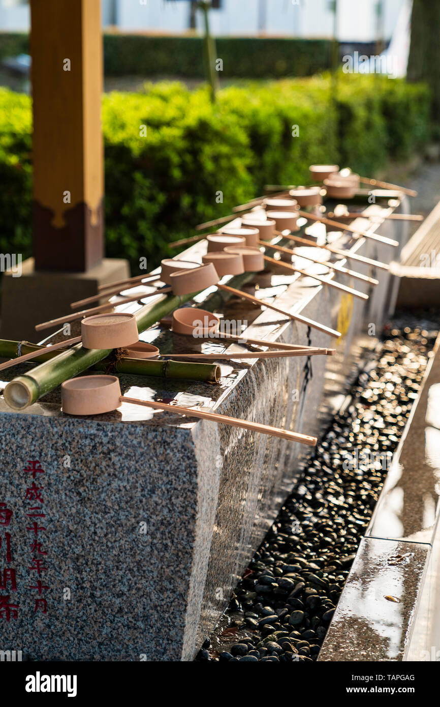 Kato shrine, Kumamoto, Japan. Typische japanische Schrein Reinigung Becken, temizuya, Blick entlang Becken, bei der die Zeile der Wasser Schöpflöffel, goldene Stunde. Stockfoto