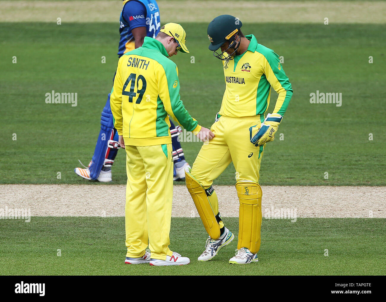 Australiens Steve Smith passt Wicket Keeper Alex Carey's Hose während der ICC Cricket World Cup Warm up Match am Hampshire Schüssel, Southampton. Stockfoto