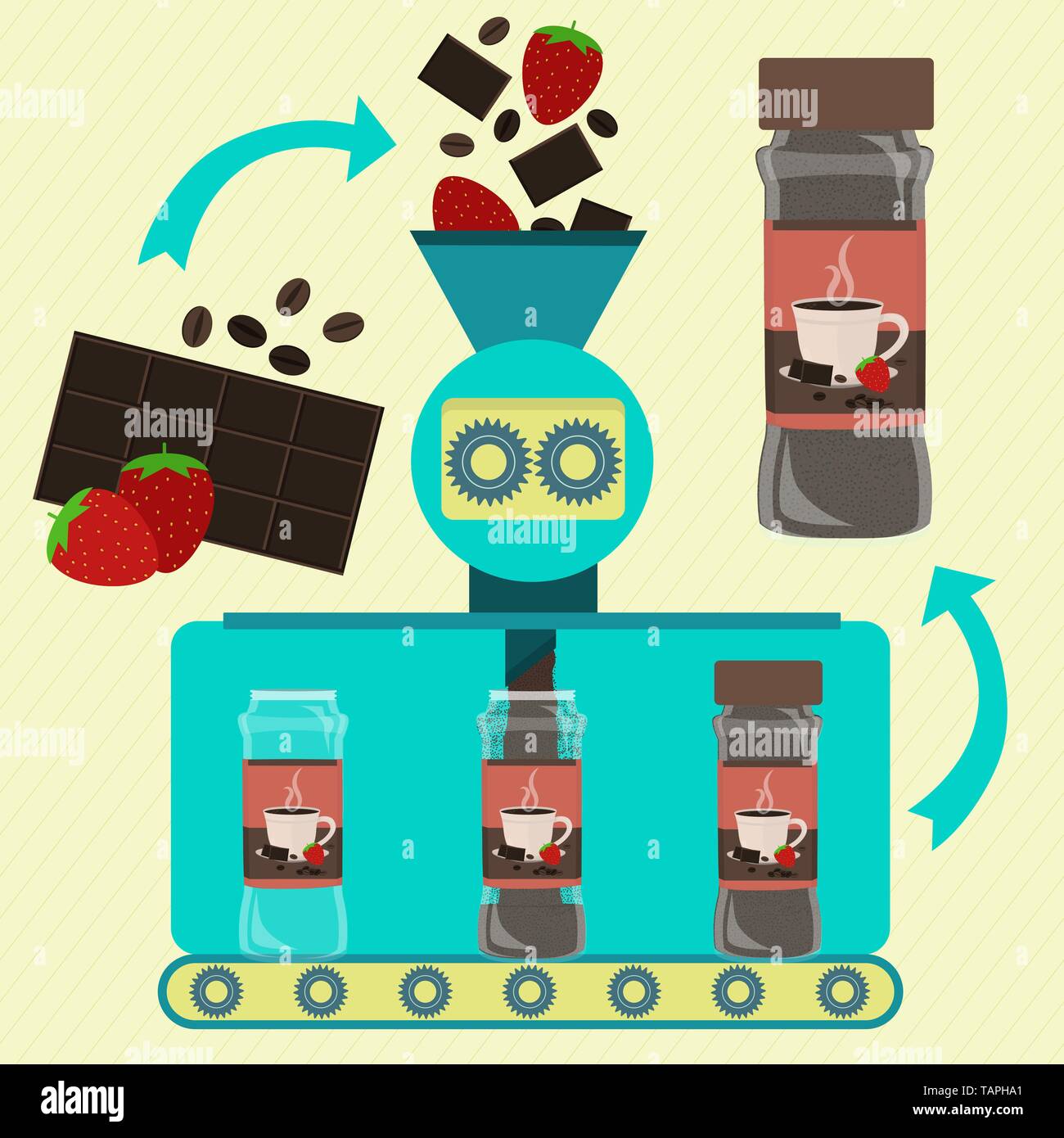 Heiße Schokolade mit Erdbeeren und Kaffeepulver Line Serie. Werk von Konserven Kaffee, Schokolade und Erdbeere Pulver. Erdbeere Obst, c Stock Vektor