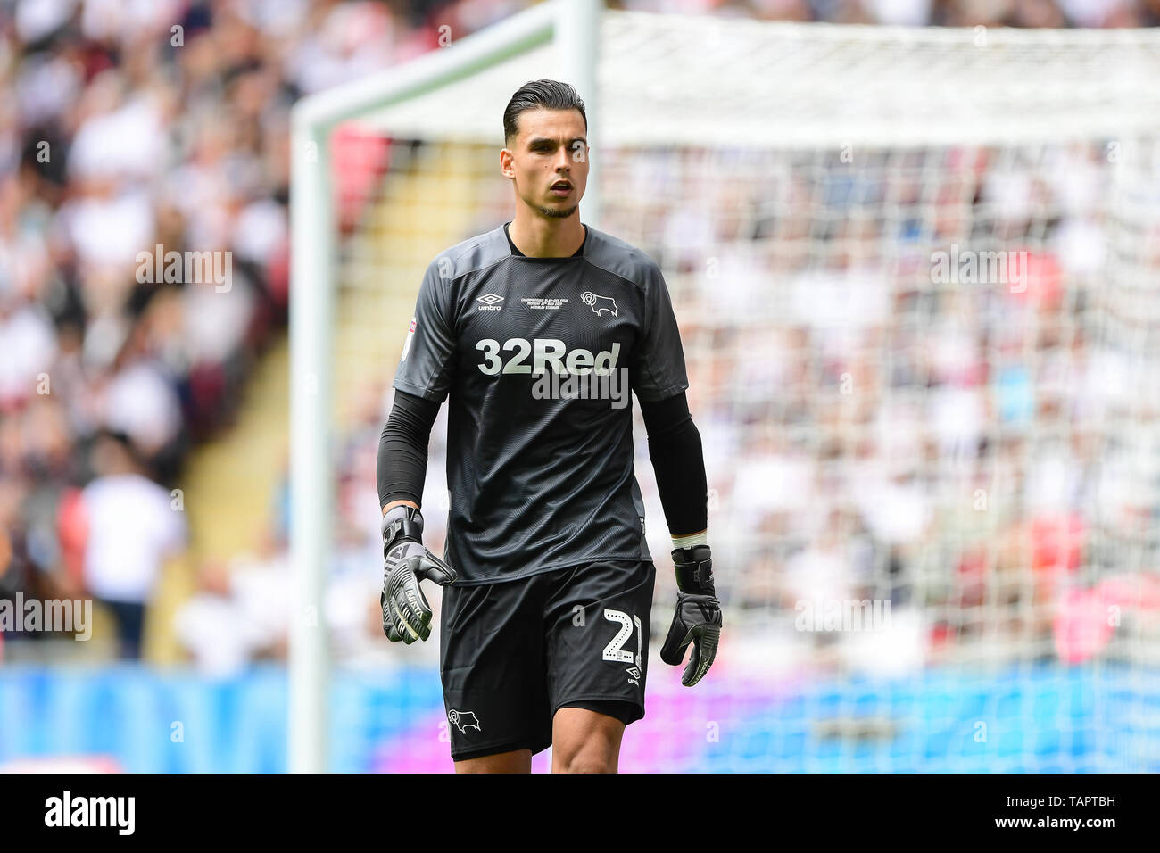 London, Großbritannien. 27. Mai, 2019. Kelle Roos (21) von Derby County während der Sky Bet Championship Match zwischen Aston Villa und Derby County im Wembley Stadion, London am Montag, den 27. Mai 2019. (Credit: Jon Hobley | MI Nachrichten) Credit: MI Nachrichten & Sport/Alamy leben Nachrichten Stockfoto