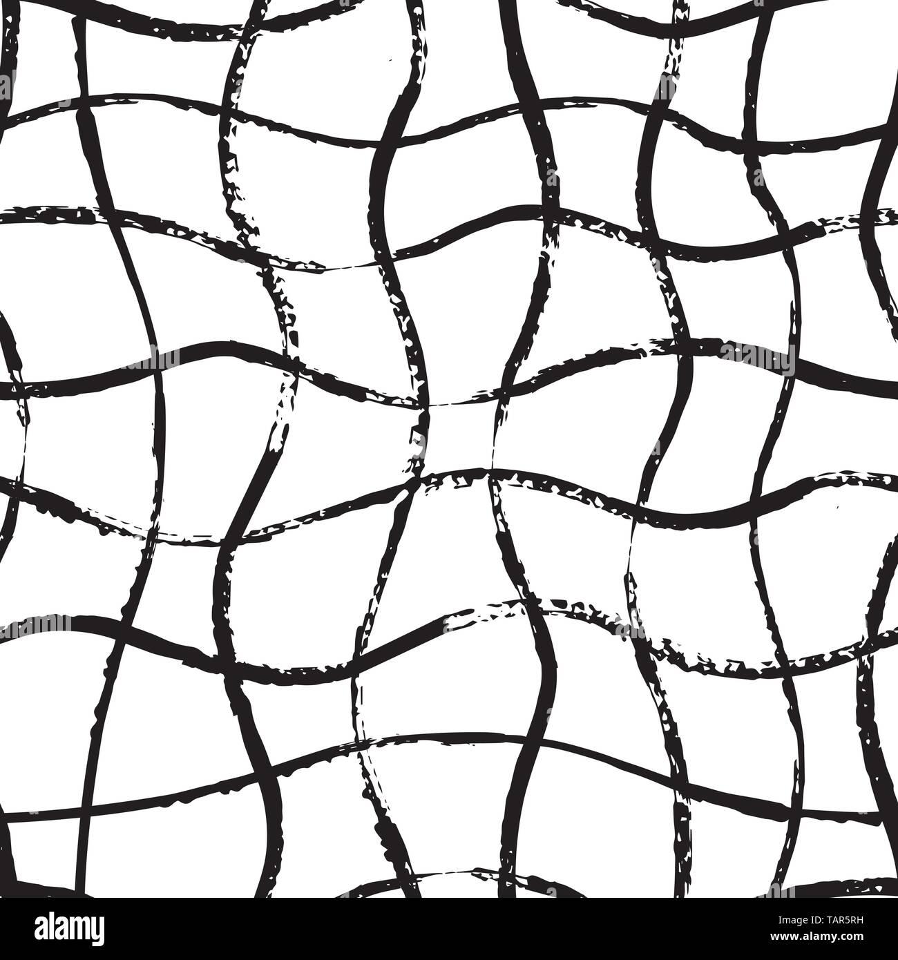 Wave grid Bürste Hand zeichnen nahtlose Muster. Abstrakte Linien Hintergrund mit wellenförmigen Pinselstriche. Schwarze und weiße endlose Textur. Stock Vektor