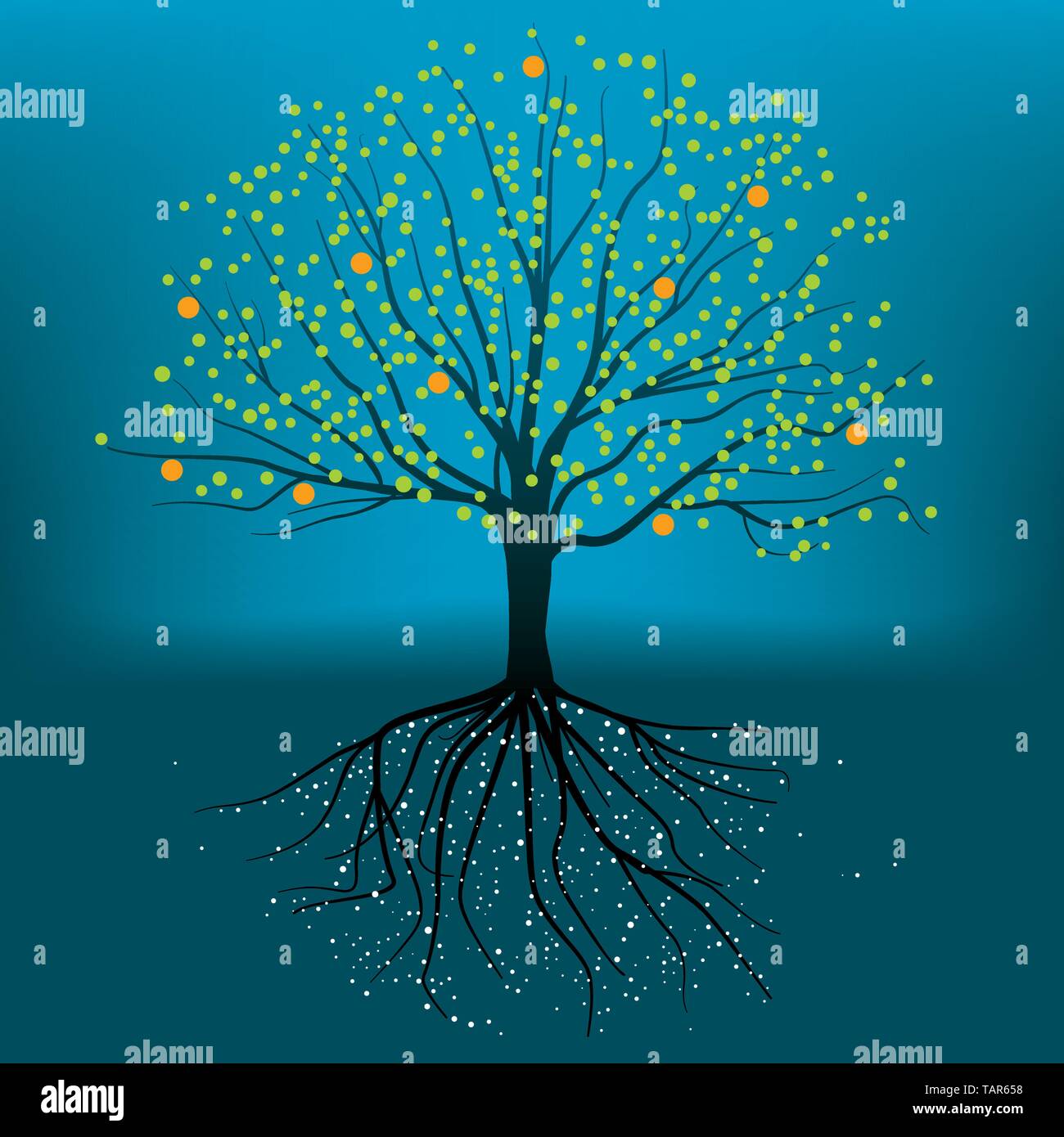 Komplette vector Abbildung: Baum mit Wurzeln, Branchen und Blätter. Stock Vektor