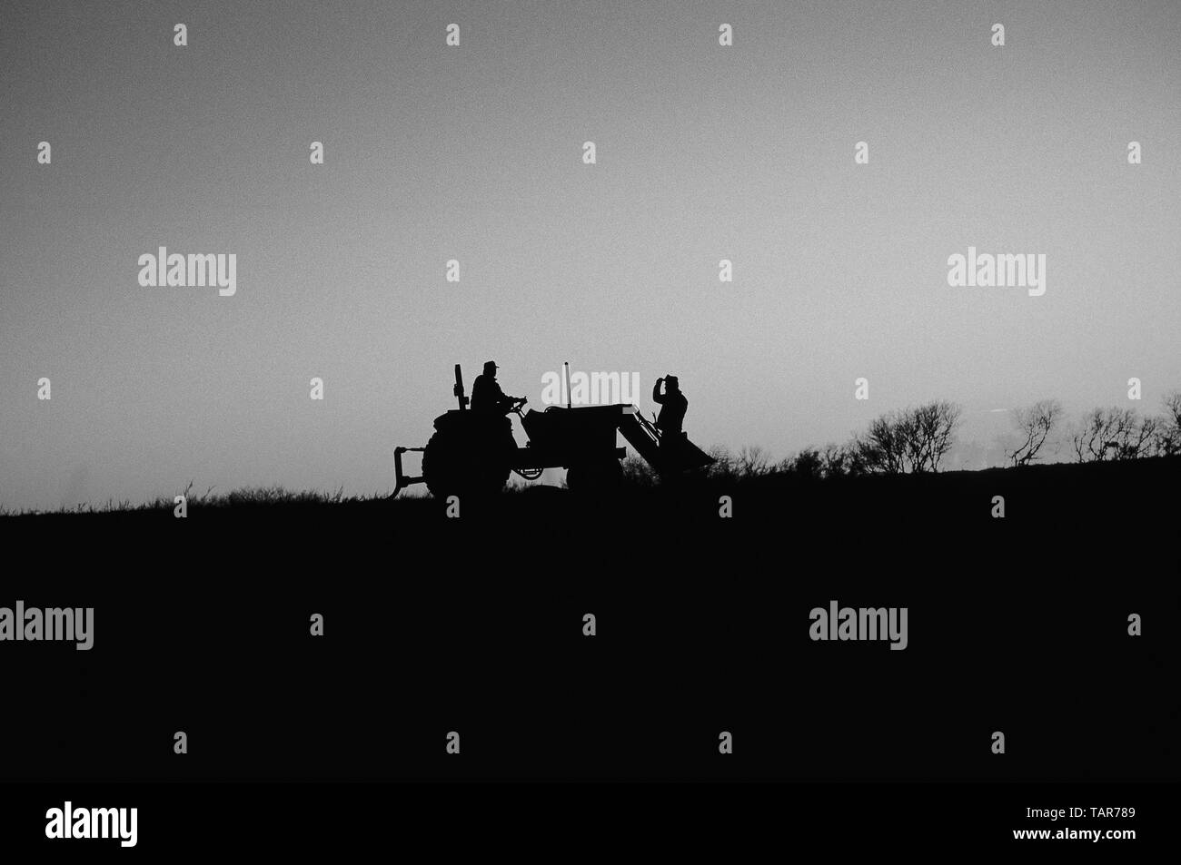 Die Landwirte und der Traktor bei Sonnenuntergang Stockfoto