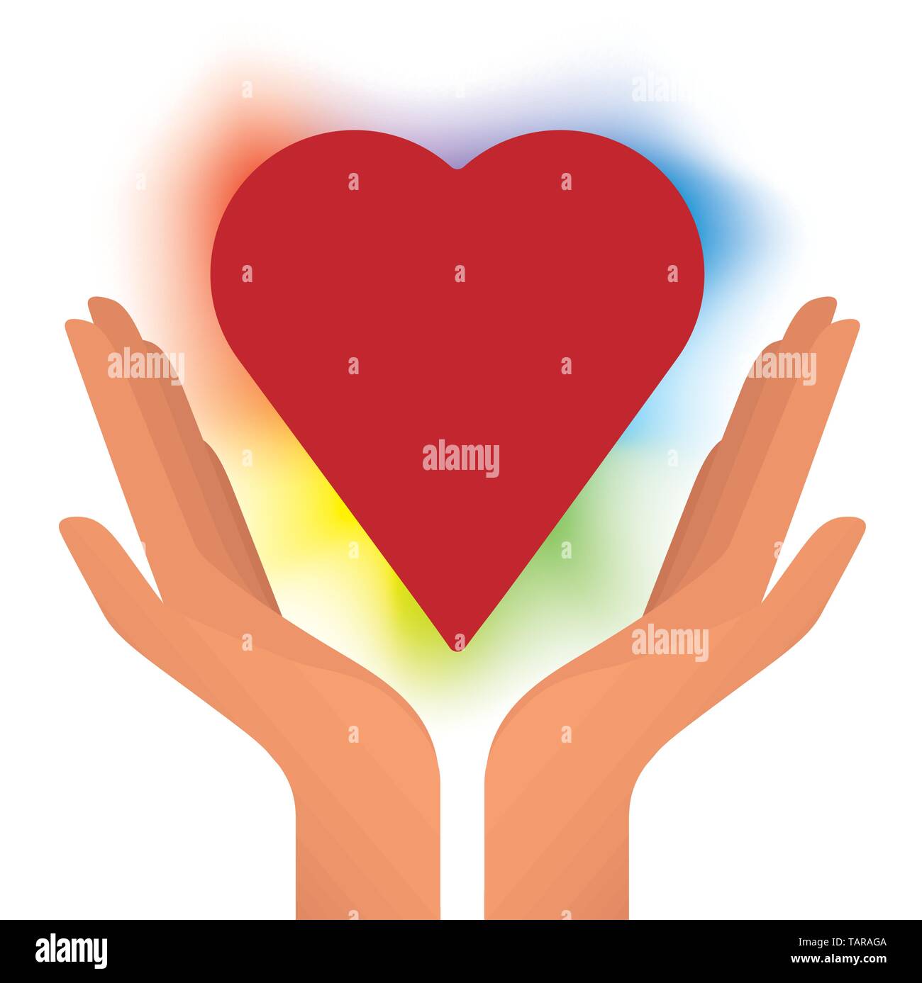 Vector Abbildung von zwei Händen unterstützt einen farbigen Herzen. Stock Vektor