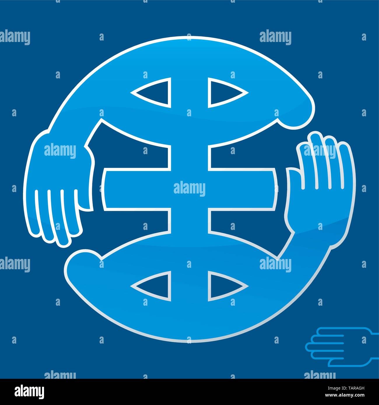 Vector Illustration der Hände auf der Erde Symbol in Blau. Stock Vektor