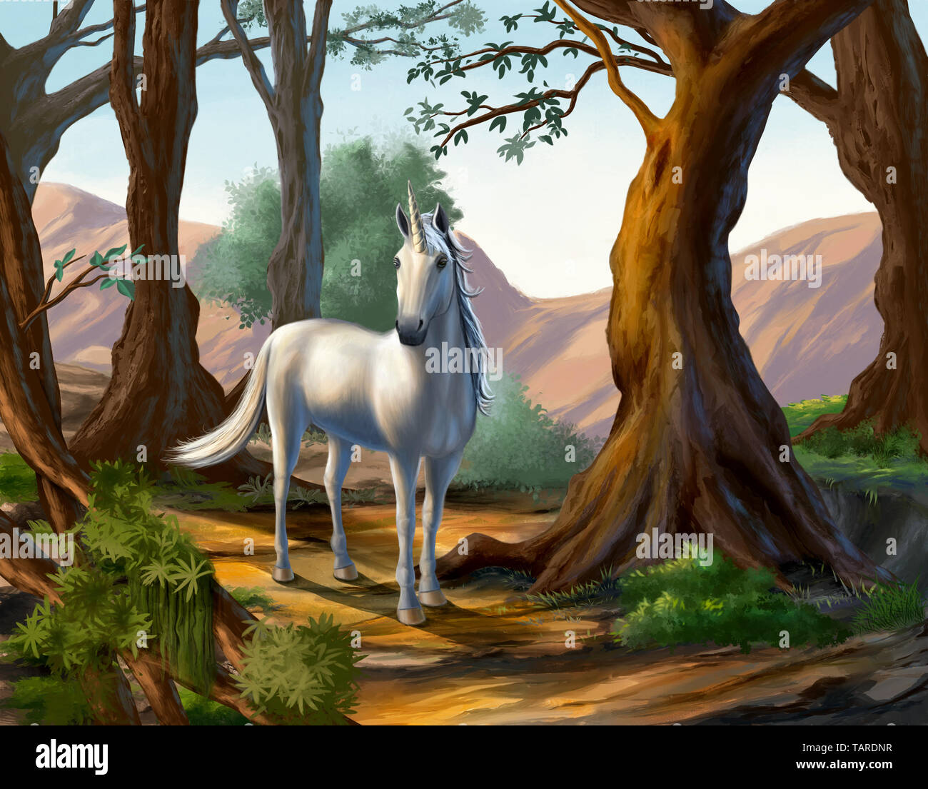 Einhorn stehend in einem wunderschönen Wald. Ursprünglichen digitalen Malerei. Stockfoto