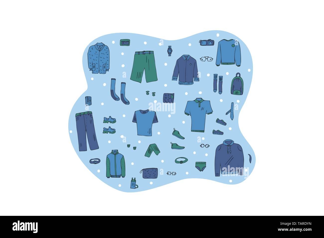 Männer Bekleidung und Accessoires in Doodle style Set. Sammlung der männlichen Kleidung, Schuhe. Vector Farbe Abbildung. Stock Vektor