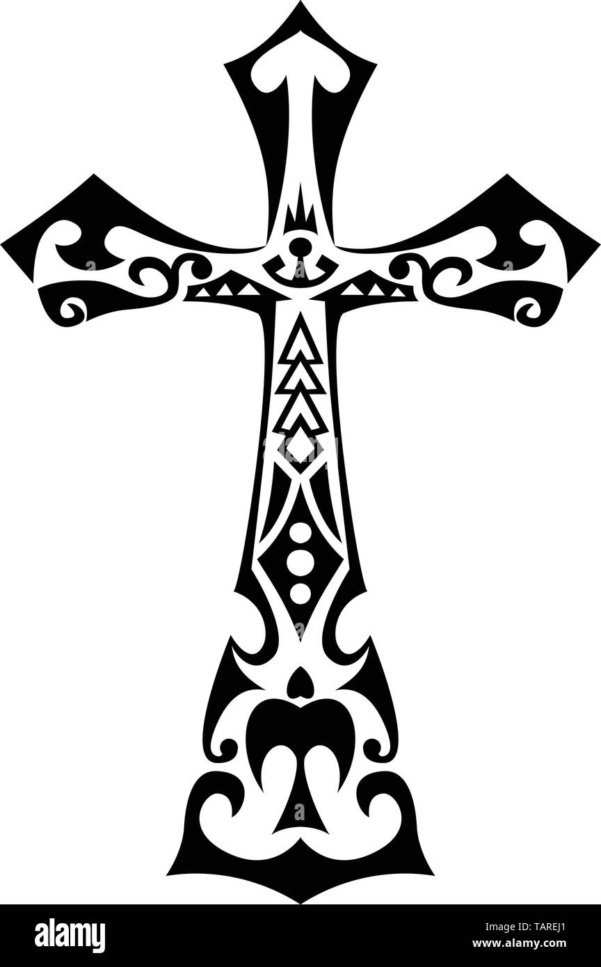 Tribal Tattoo Style Abbildung der Polynesischen Kreuz mit polynesischen, Maori und Hawaiianische Einfluss mit typischen tribal Symbole wie Schildkröten, enata, sp Stock Vektor