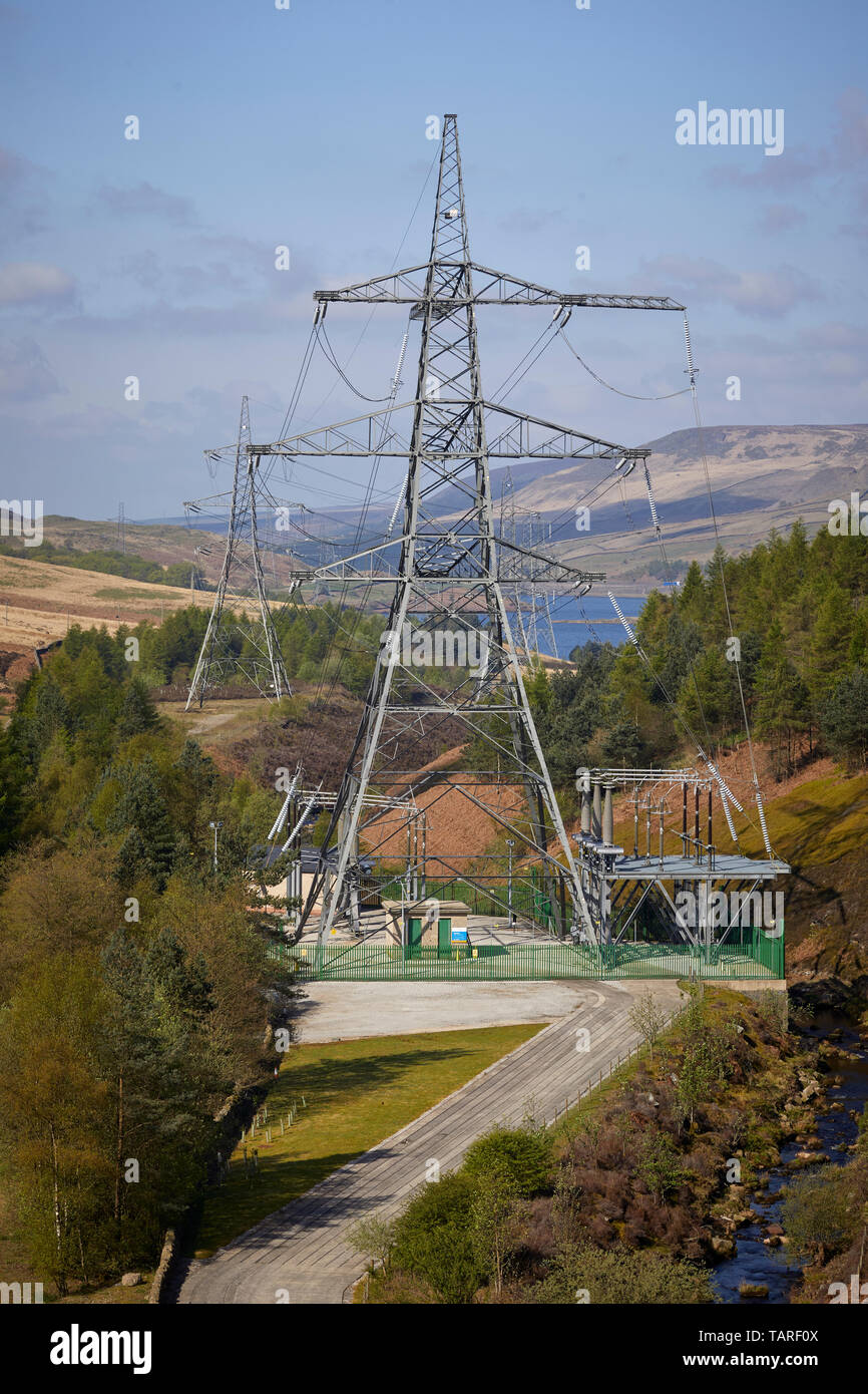 Woodhead 3 Derbyshire Blick von oben die alte Eisenbahnlinie trans-Pennine Tunnel. Betreiber National Grid Plc verwenden Sie den Tunnel Strom Kabel Stockfoto