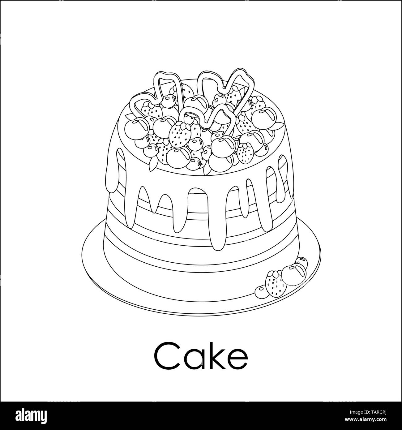 Malbuch Seite. Hohe gestreifte berry Kuchen in doodle Stil. Auf der Oberseite der Schokolade gegossen, mit sortierten Erdbeeren, Blaubeeren, Kirschen eingerichtet. Stock Vektor