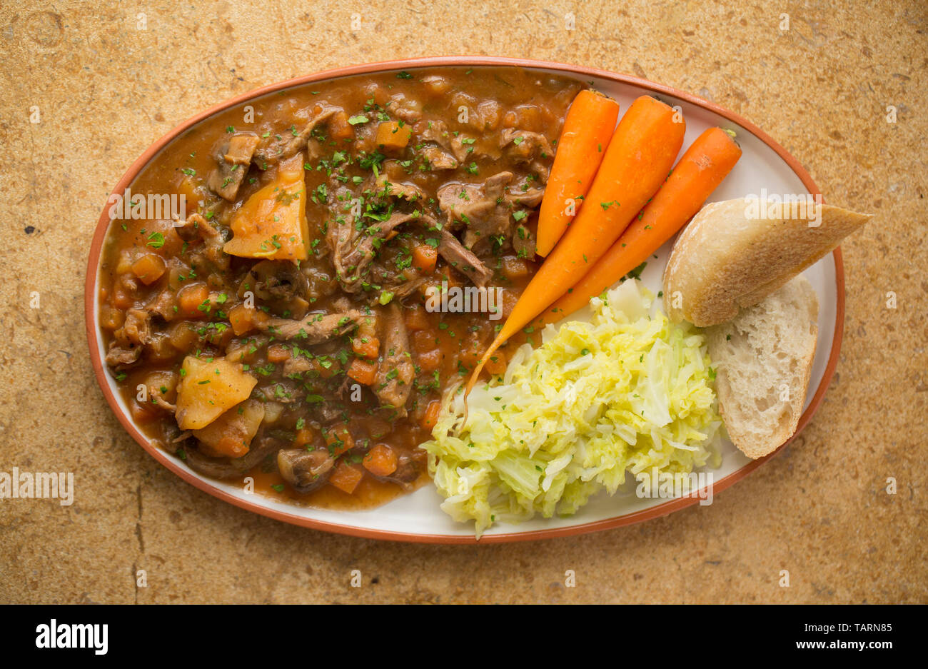 Einen Teller mit hausgemachten Hirschragout aus langsamer gemacht - gekochte Fleisch wild Knochen, die in einem Slow Cooker mit Gemüse, Pilzen und Kräutern geschmort für Waren Stockfoto