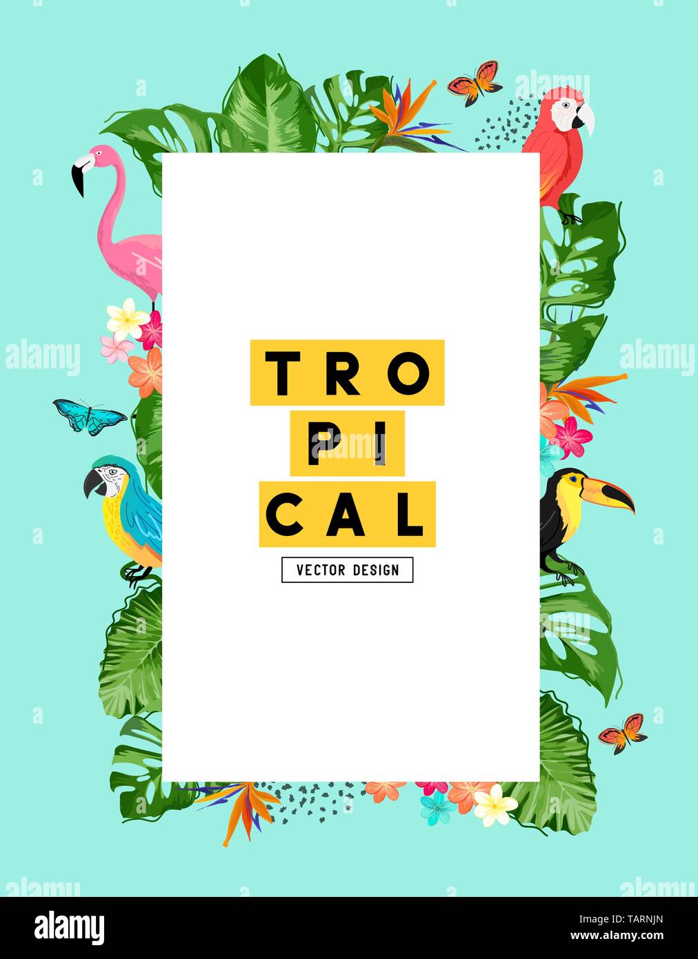 Ein tropischer Sommer Rahmen Hintergrund Layout mit Vögeln und Pflanzen. Vector Illustration Stock Vektor