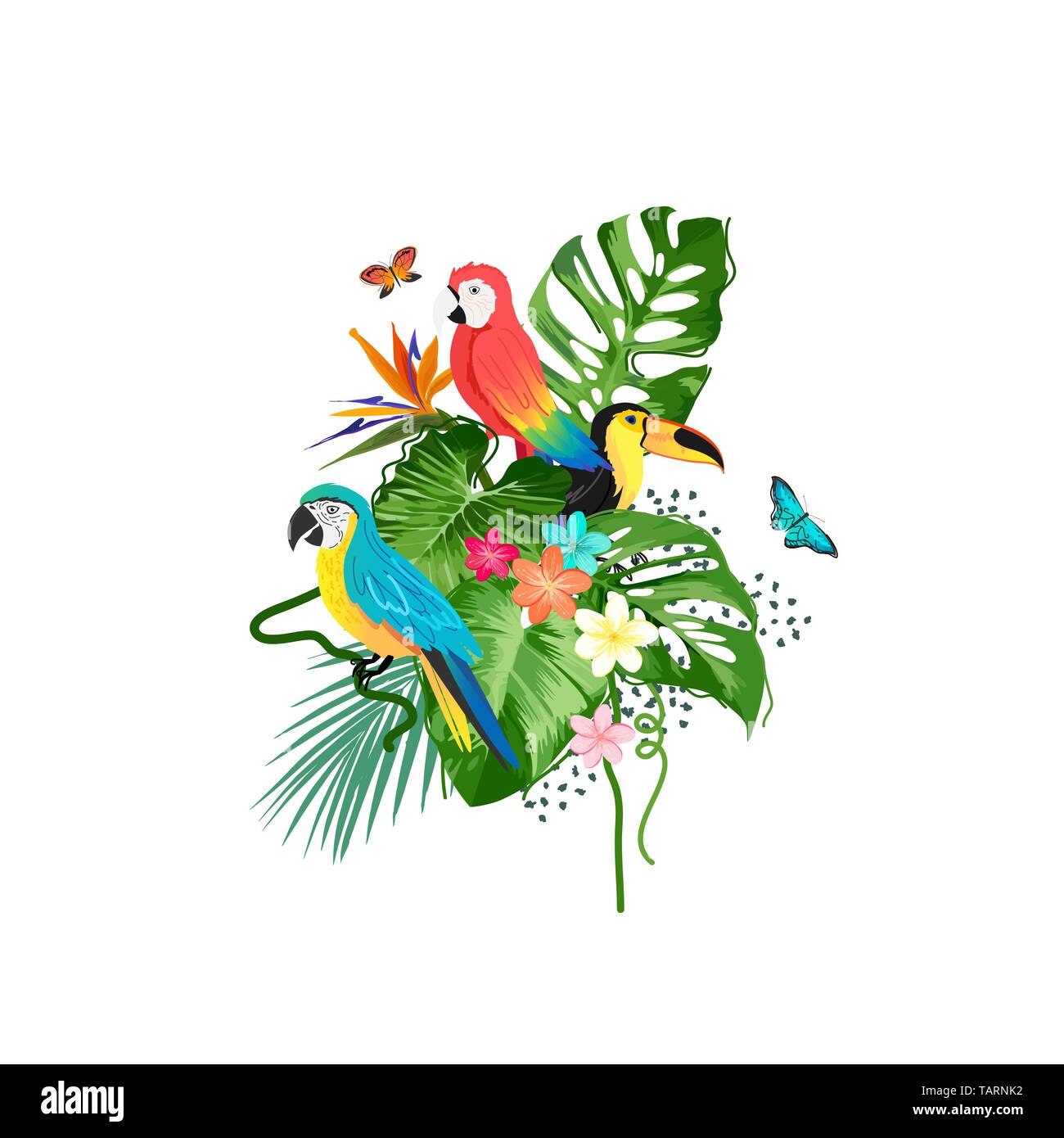 Eine Sammlung exotischer Vögel und tropische Pflanzen. Vector Illustration. Stock Vektor