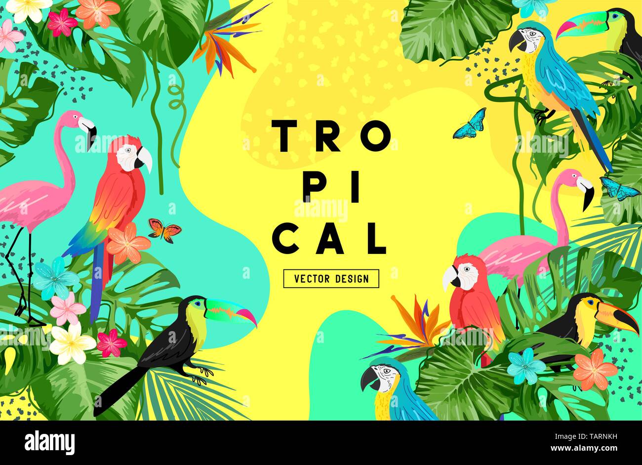 Exotischen Dschungel Sommer Hintergrund frame Layout mit plam-Blätter und tropische Vögel. Vector Illustration Stock Vektor