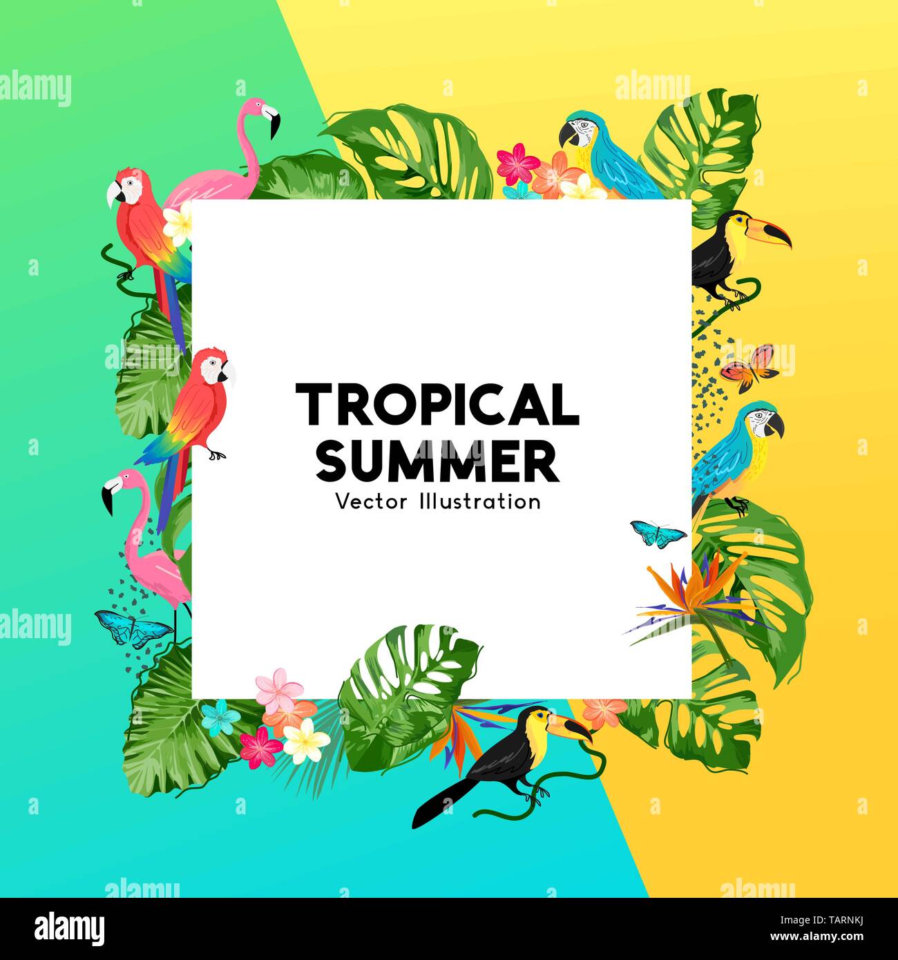 Sommer tropische Grenze Design mit Palmblättern, Dschungel, Vögel und Blumen. Vector Illustration Stock Vektor