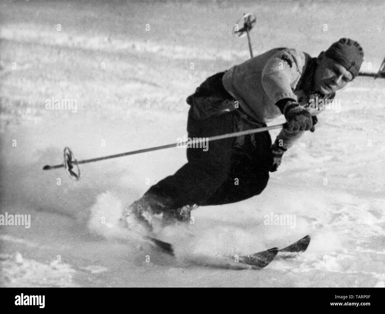 Männliche Skifahrer, Les Gets, Haute-Savoie, Dezember 1946 Stockfoto