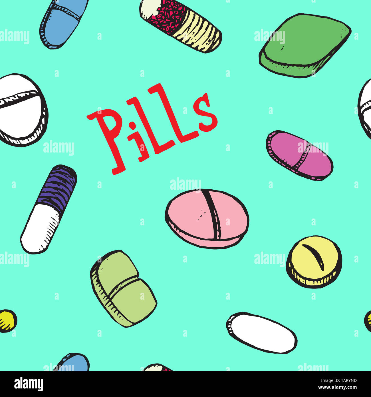 Bunte Pillen um Inschrift, Hand gezeichnet doodle Skizze, Illustration, nahtlose Muster Design auf weichem türkisfarbenem Hintergrund Stockfoto