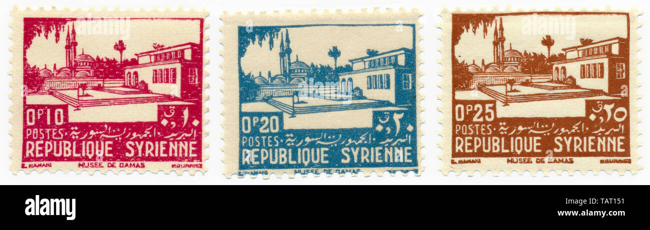 Historische Briefmarken aus Syrien, Damaskus National Museum, Syrische Arabische Republik, Historische Briefmarken aus Syrien, das Nationalmuseum Damaskus, Arabische Republik Syrien Stockfoto