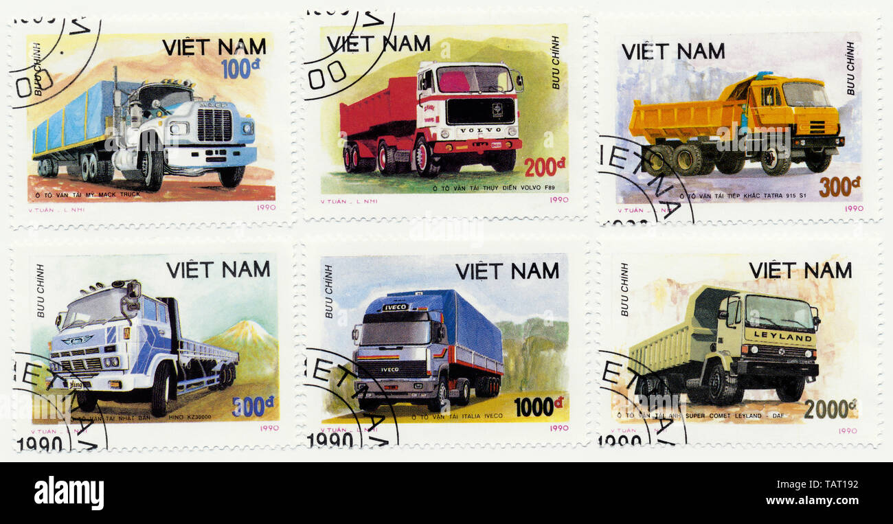 Historische Briefmarken aus Vietnam, Historische Briefmarken aus Vietnam, 1990, internationale Lastkraftwagen, Volvo, Hino, DAF, Mack, Iveco, Tatra Stockfoto