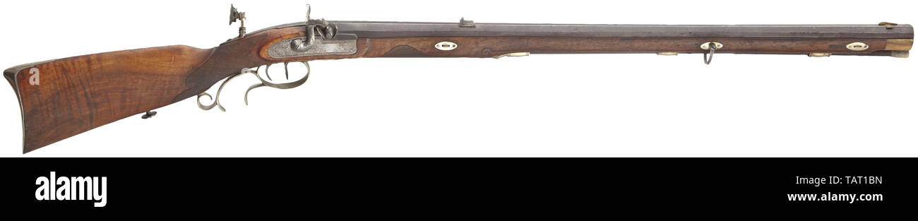 Ein Deutscher percussion Rifle, circa 1840, achteckiger Lauf mit sechs-groove rifled Bohrung 14 mm Kaliber mit Patent breechblock, Aperture Anblick und verzahnt Sehenswürdigkeiten. Blumen graviert Percussion schloss mit Deutschen Haar auslösen. Leicht Nussbaum vollen Lager mit Knochen Nase geschnitzt, karierten Hand ruht und Nickel Silber Möbel mit Verzierungen eingraviert. Ursprüngliche Holz- ramrod ersetzt durch Knochen tip. Länge 120cm. Zivile Langwaffen, Waffe, Waffen, Waffen, Waffen, arm, historischen, historischen des 19. Jahrhunderts, Additional-Rights - Clearance-Info - Not-Available Stockfoto