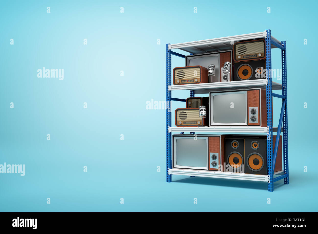 3D-Rendering des alten Retro Radio- und TV-Sets auf Silber Blau metall Regalböden auf blauem Hintergrund Stockfoto