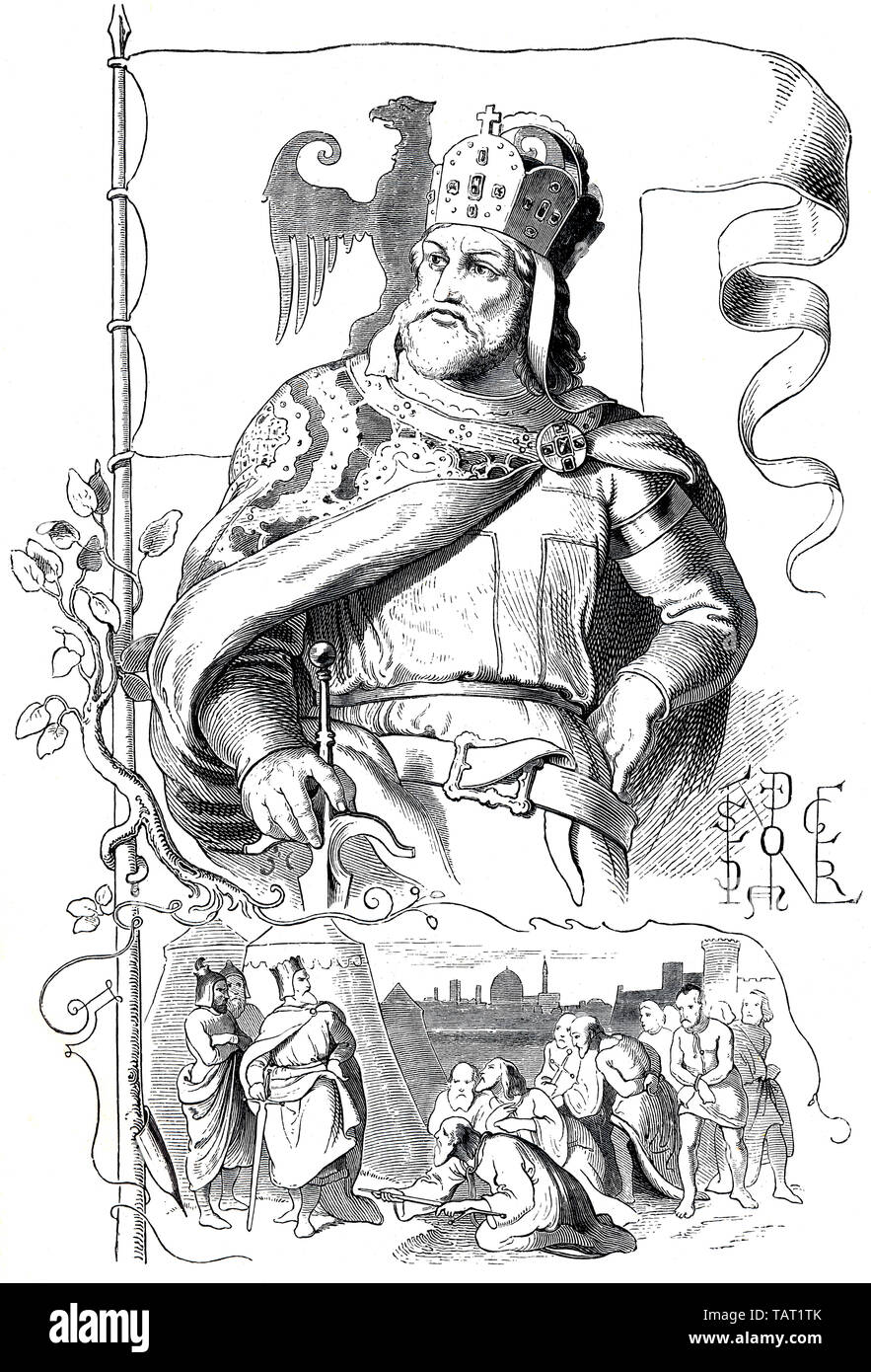 Friedrich I, Barbarossa, 1122 - 1190, historische Darstellung aus dem 19. Jahrhundert, Friedrich I. oder (Rotbart) Barbarossa (1122 - 1190); Staufer; als Friedrich III. Herzog von Schwaben, römisch-deutscher König und Kaiser des Heiligen Römischen Reiches, historische Zeichnung aus dem 19. Jahrhundert Stockfoto