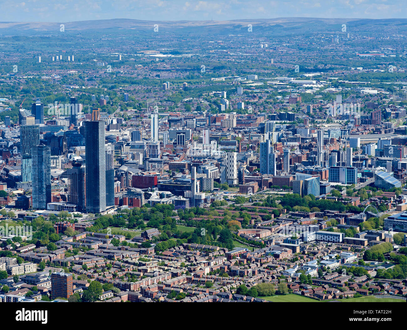 Eine Luftaufnahme von Manchester City Centre, North West England, Großbritannien Stockfoto