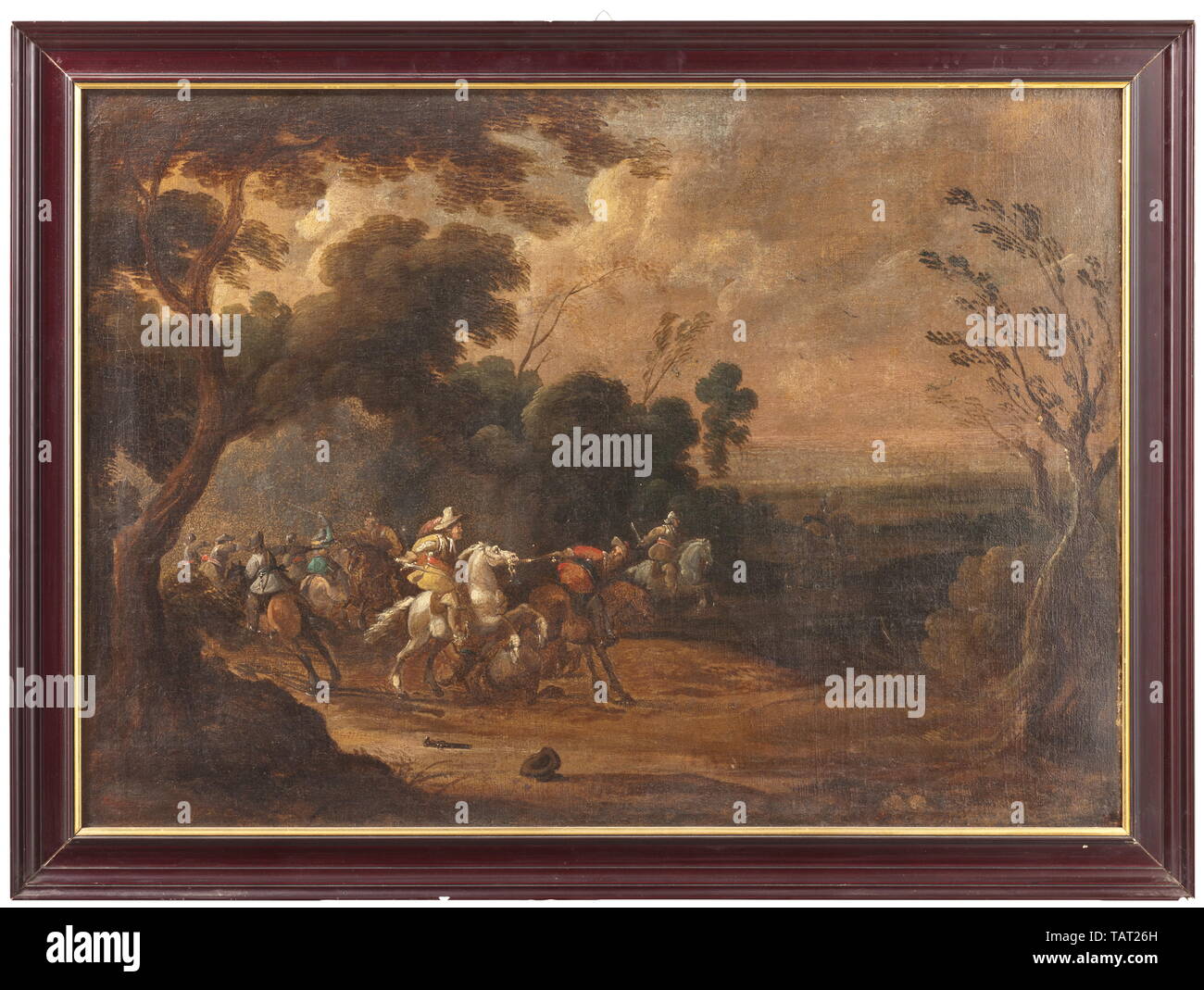 Eine deutsche Schlacht Malerei, um 1700, Öl auf Leinwand. Darstellung einer Kavallerie Kampf mit Schwertern und Pistolen vor einer weiten Landschaft unter einem stark bewölkten Himmel. Auf der linken Seite eine Lichtung mit Pferd Kombattanten montiert, auf der rechten Seite zwei kürassiere entfernt galoppieren. Leinwand gesichert, originalen Keilrahmen. Modern geformten Rahmens (leicht geklopft). Dimensionen der Malerei 58,5 x 80 cm, mit Rahmen 68 x 89 cm. Schöne Schlacht Szene im Stil von Georg Philipp Rugendas. Bildende Kunst, Kunst, historische, historische, Additional-Rights - Clearance-Info - Not-Available Stockfoto