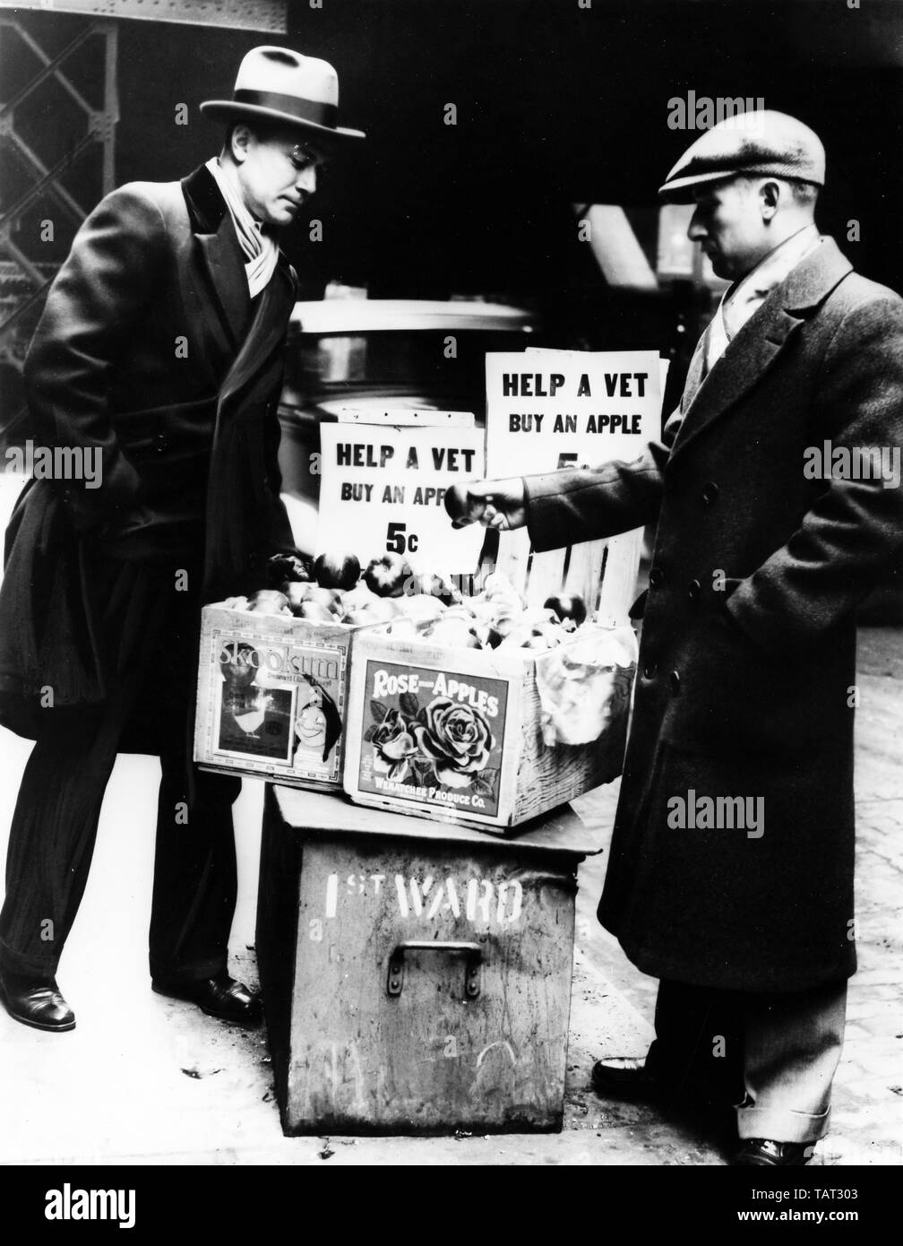 Verkauf von Äpfeln, große Depression, USA, 1933 Stockfoto