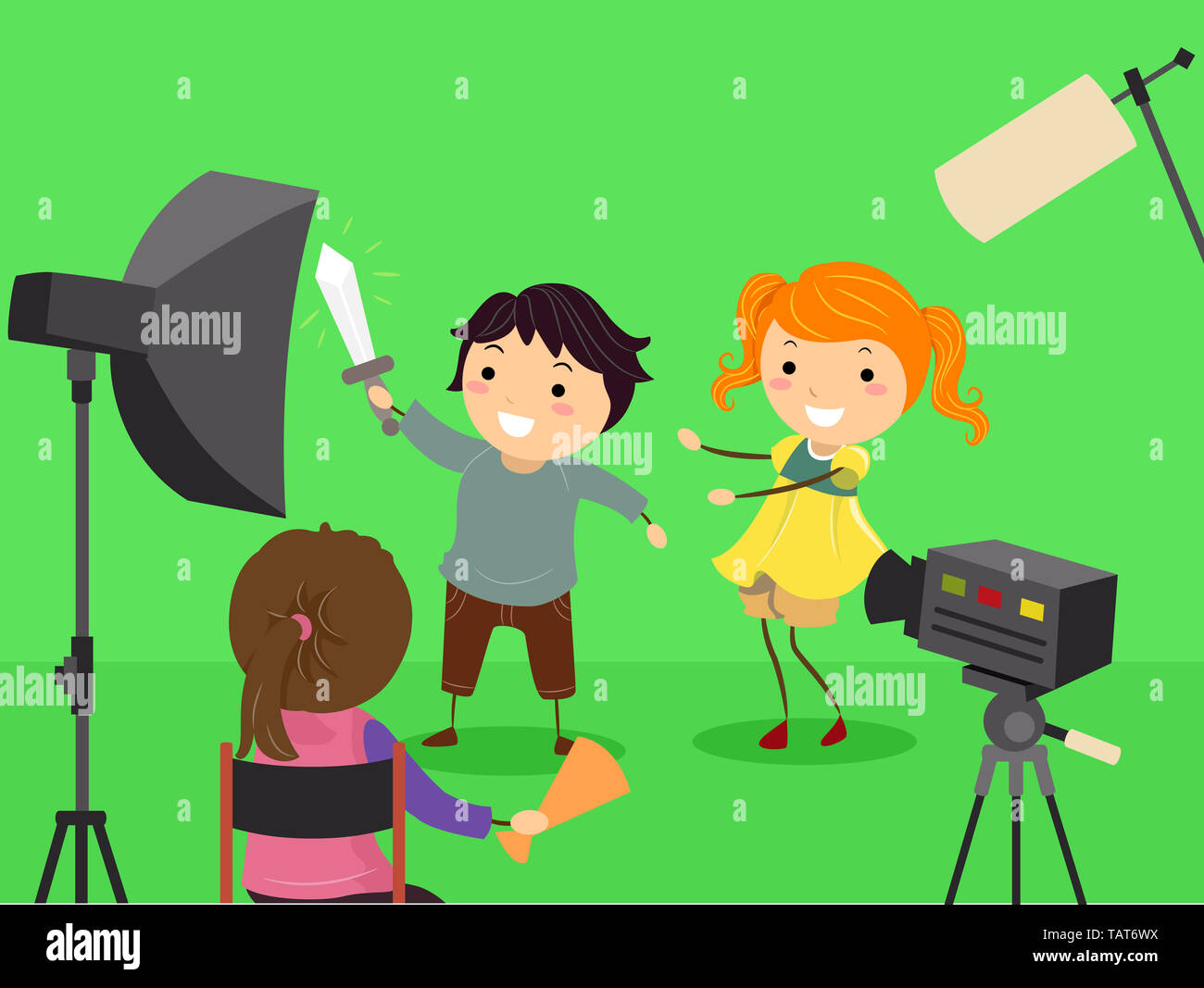 Abbildung: Stickman Kinder durchführen und Filmen vor einem Green Screen Stockfoto