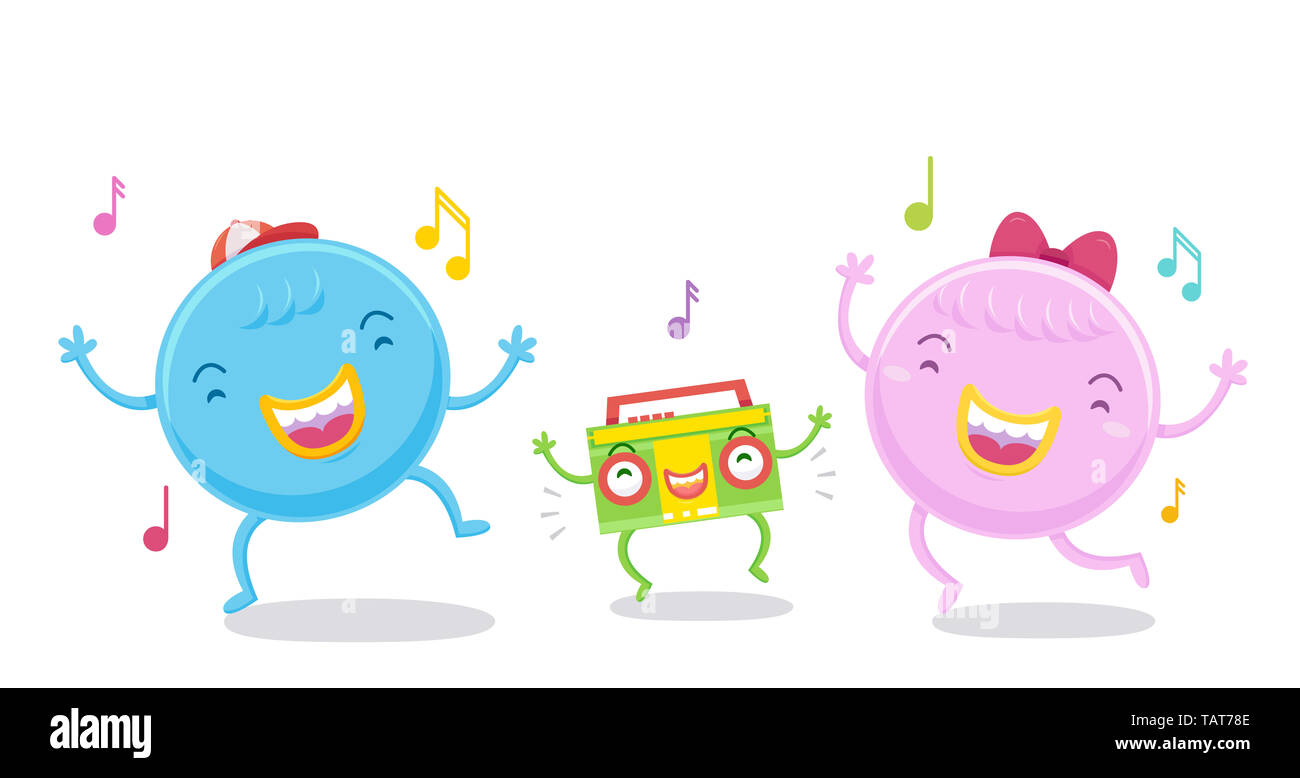 Abbildung: niedlichen Monster Tanzen mit einem Monster Radio und Musik Noten Stockfoto