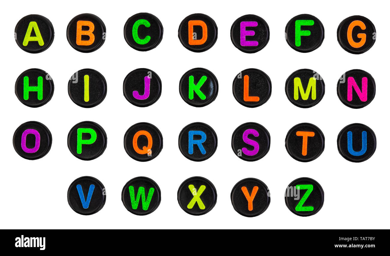 Kunststoffkugeln Alphabet auf einem weißen Hintergrund. Stockfoto