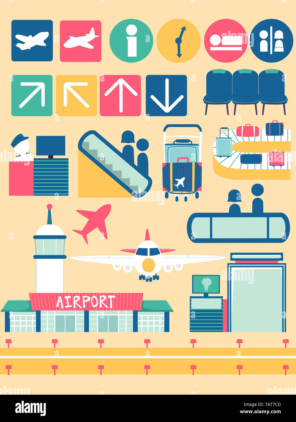 Abbildung verschiedener Flughafen Elemente aus dem Flugzeug, Beschilderung, Rolltreppe zu Gepäckkarussell Stockfoto