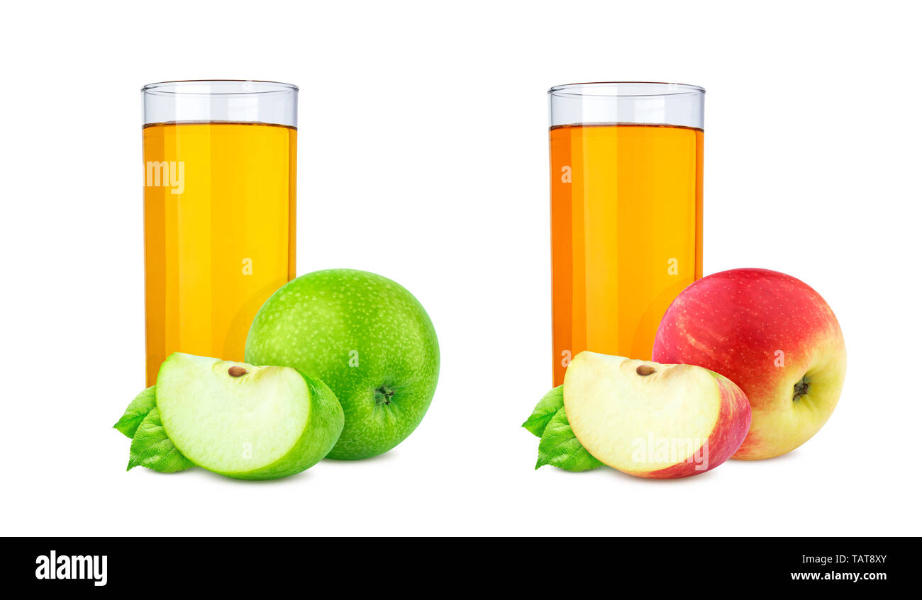 Glas frischen Apfelsaft und ein Stück Obst auf weißem Hintergrund mit Freistellungspfad isoliert Stockfoto