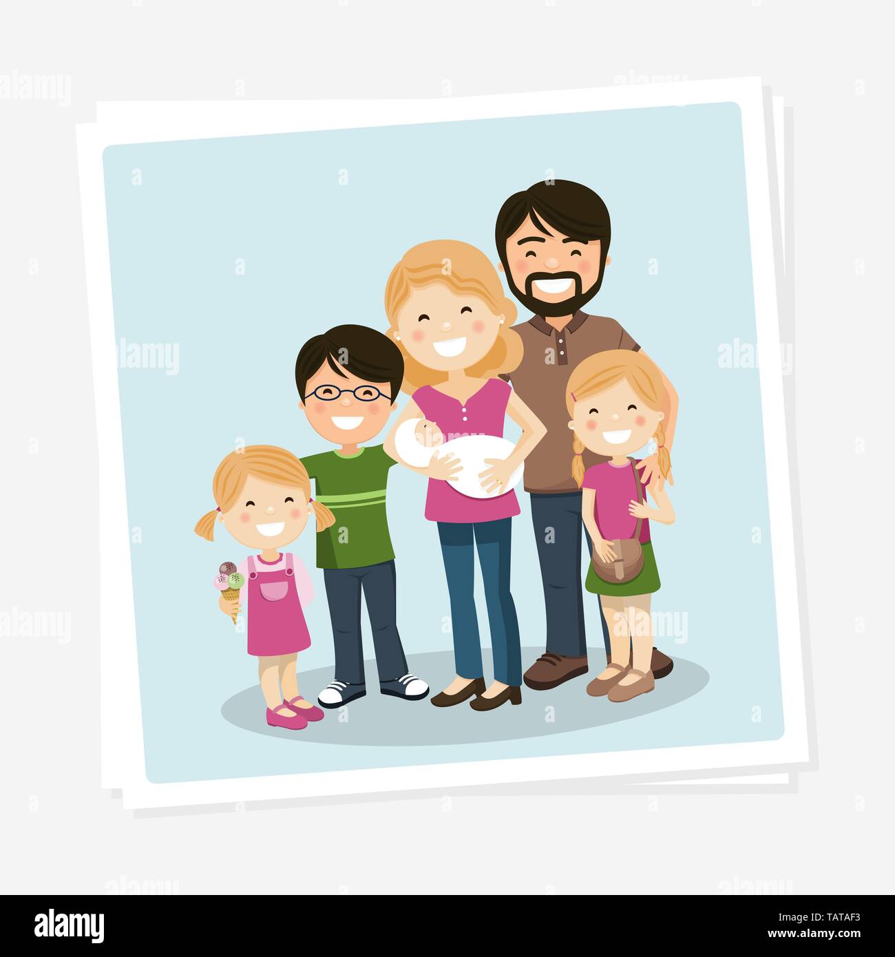 Happy Family Foto mit Eltern, 3 Kinder und babyborn. Menschen Vector Illustration Stock Vektor