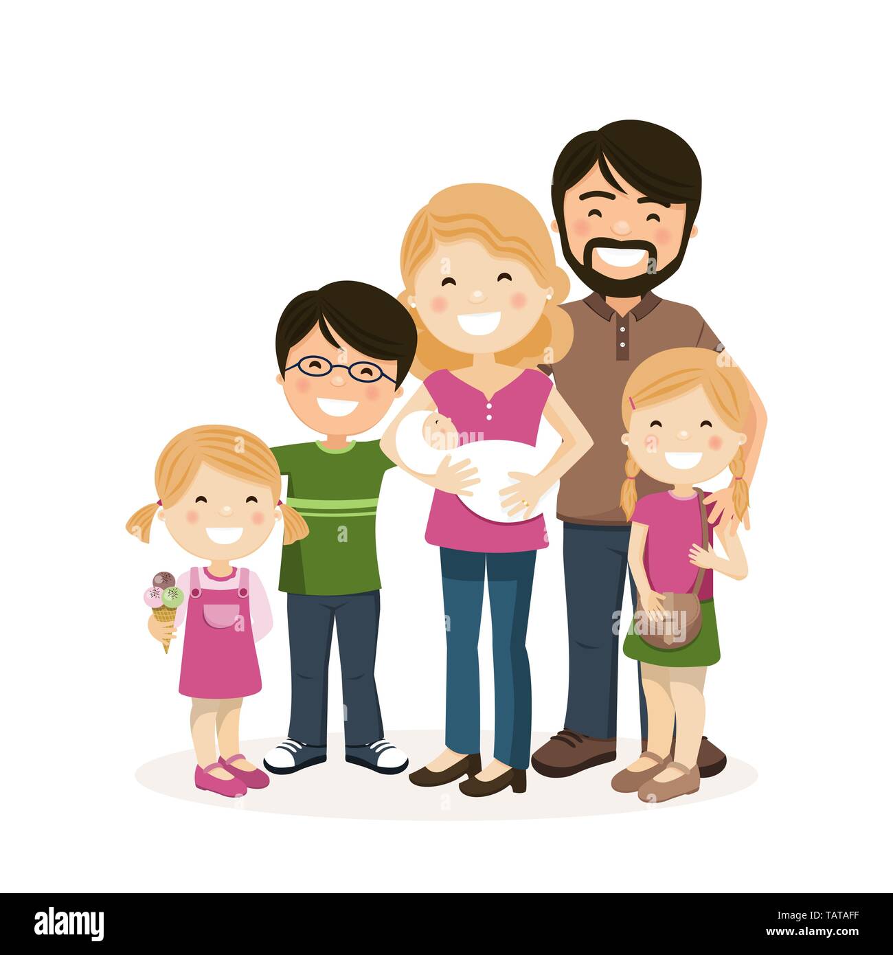 Glückliche Familie mit Eltern, 3 Kinder und babyborn. Isolierte Menschen Vector Illustration Stock Vektor