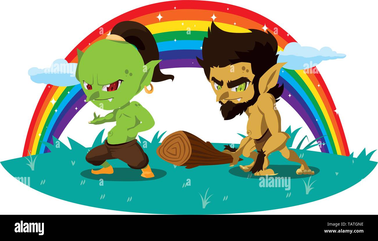 Hässliche Troll mit caveman gnome und Rainbow Vector Illustration Design Stock Vektor