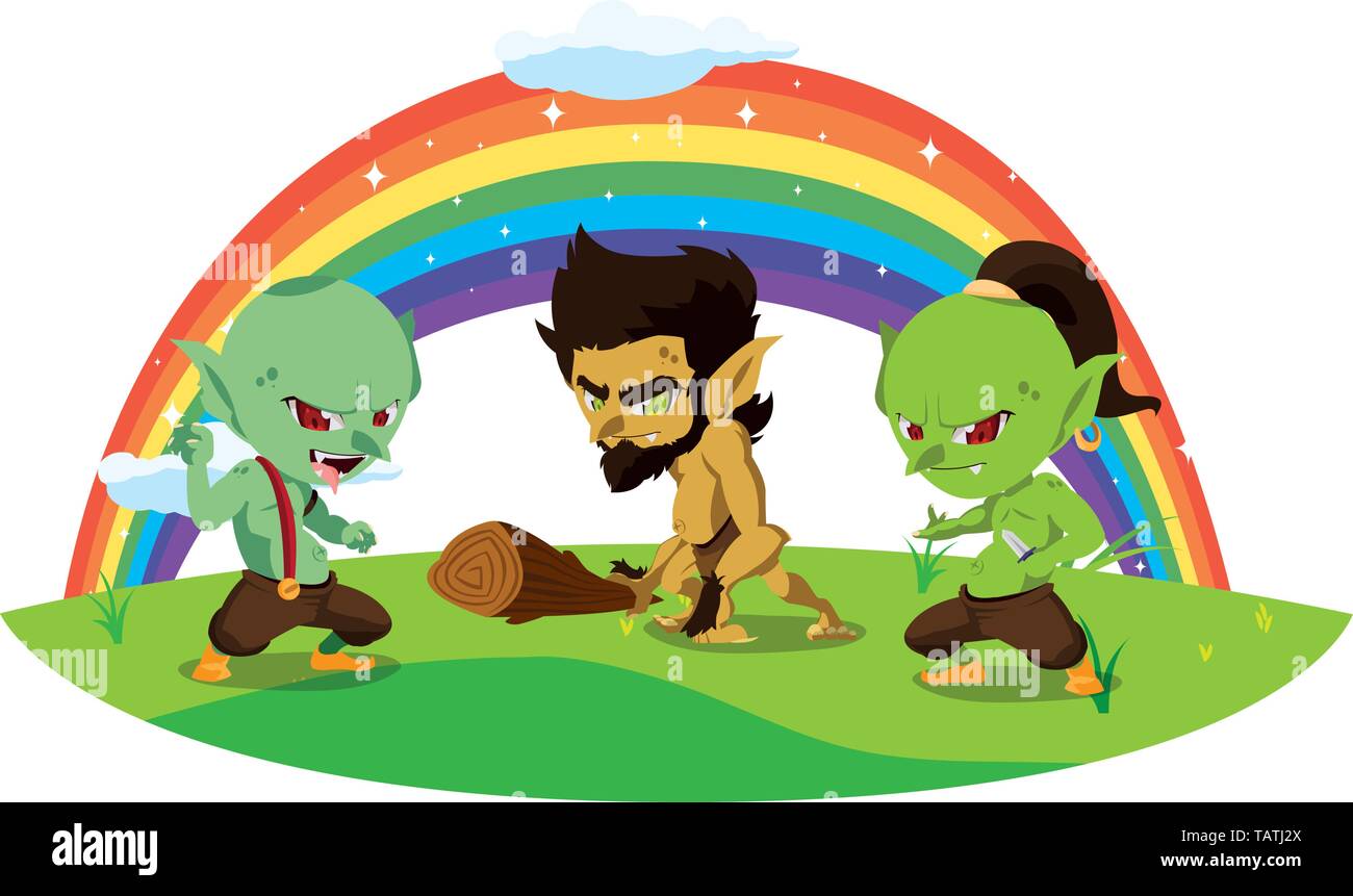 Hässliche Troll mit caveman gnome und Rainbow Vector Illustration Design Stock Vektor