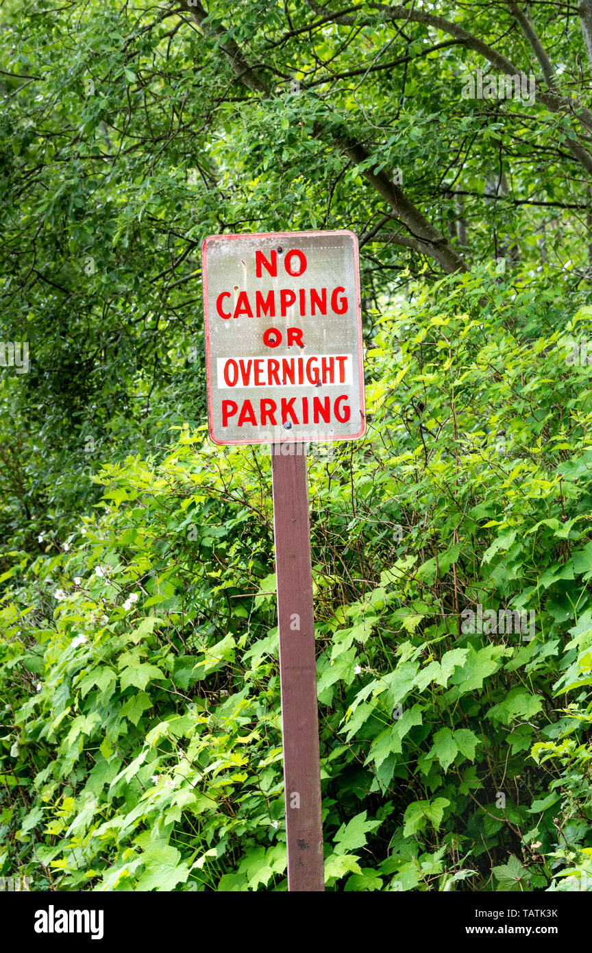 Kein Camping und Parken über Nacht Warnschild auf Post mit roter Schrift auf der Landstraße, neben grünen Bäumen. Stockfoto