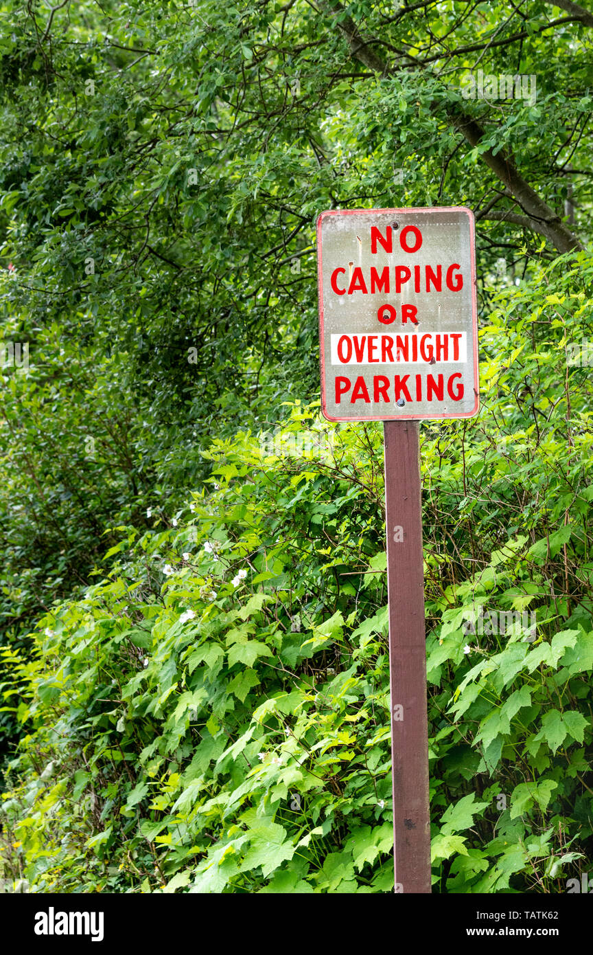 Kein Camping und Parken über Nacht Warnschild auf Post mit roter Schrift auf der Landstraße, neben grünen Bäumen. Stockfoto