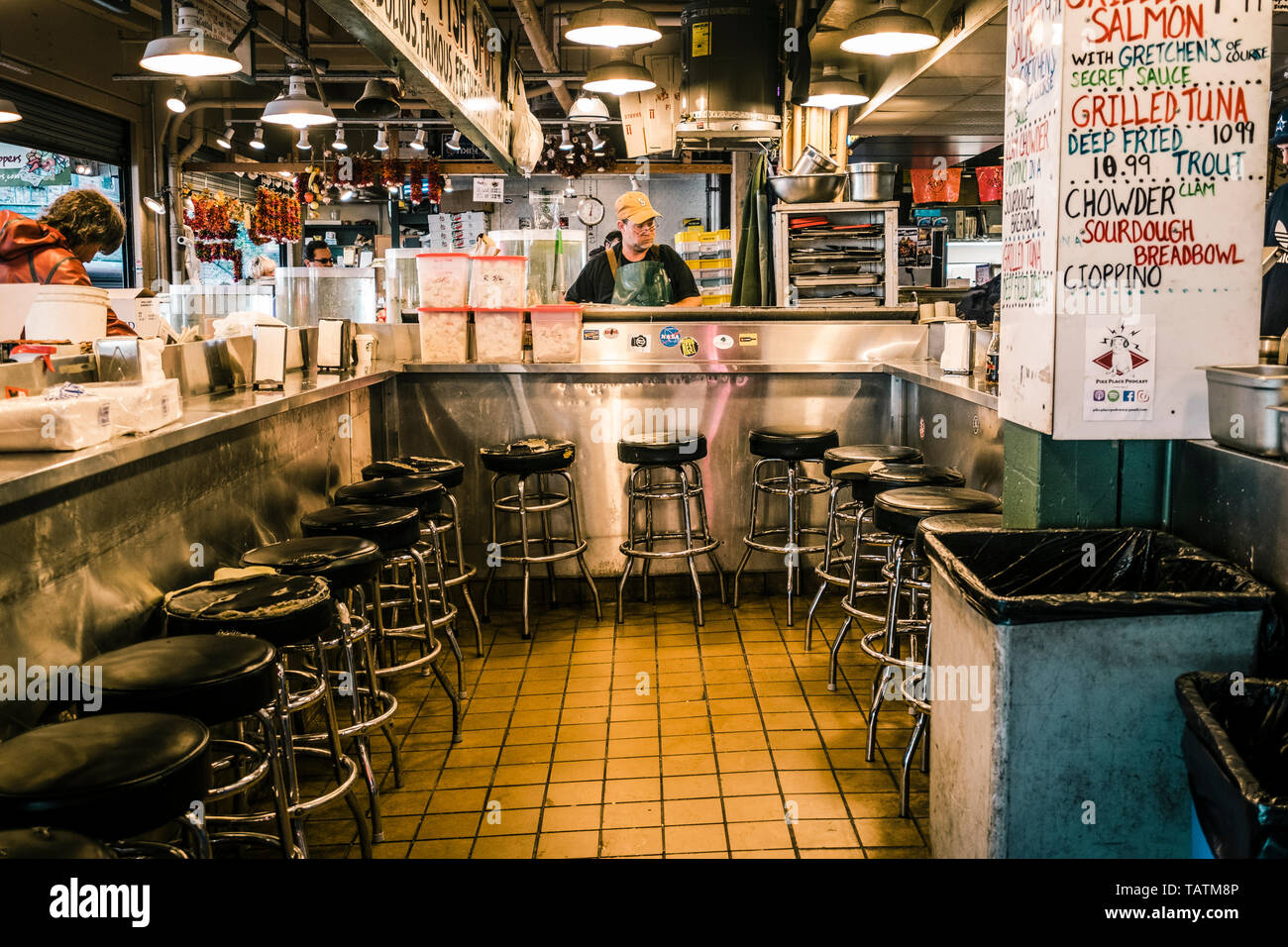 Frische Meeresfrüchte im Pikes Place Fischmarkt, Seattle, Washington Stockfoto