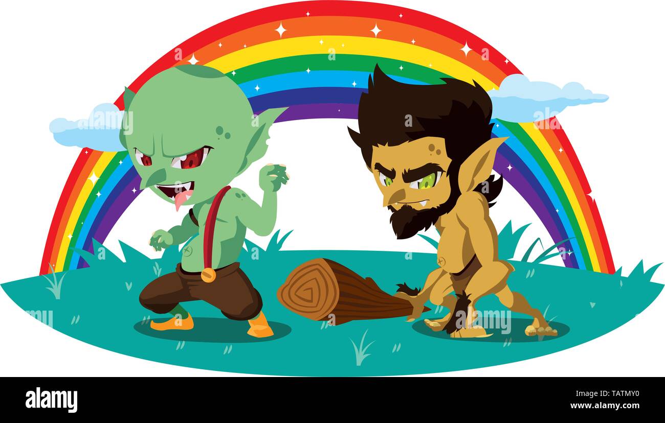 Hässliche Troll mit caveman gnome und Rainbow Vector Illustration Design Stock Vektor