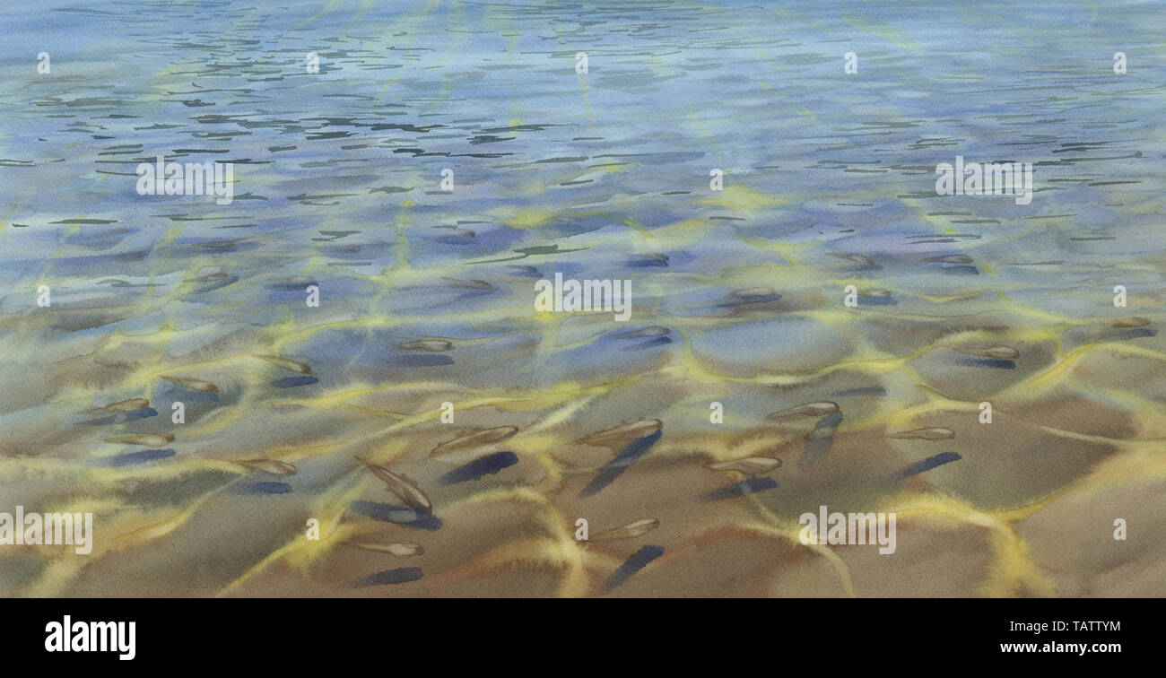 Transparente Meerwasser mit Fischen Aquarell Hintergrund. Sommer Landschaft Stockfoto