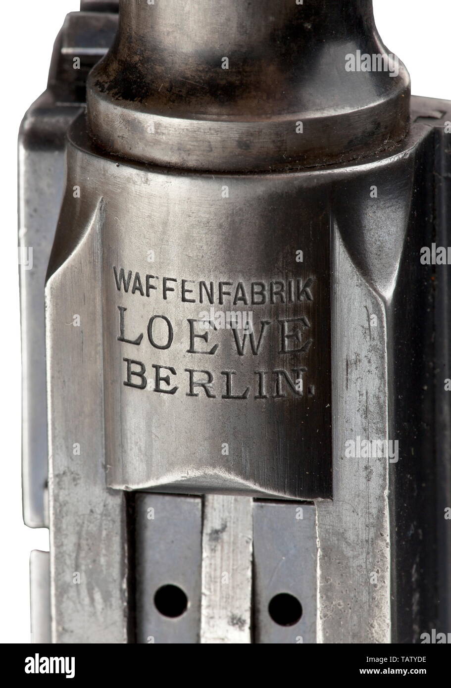 Ein Borchardt C 93, Loewe Produktion, in seinem Fall, ca. 1894/95, SN 584, Cal. 7,65 mm Borchardt. Übereinstimmende Nummern. Leicht rauhe Bohrung, Länge 190 mm. Acht Schüsse. Nachweis mark Krone/BUG. Angeschraubte Kimme Blatt und frühe Version festgesteckt dreieckige vor Augen. 3-line Unterschrift auf dem Receiver head' WAFFENFABRIK/Loewe/BERLIN', auf der rechten Seite der Gabel Gehäuse markiert 'SYSTEM des 20. Jahrhunderts, Additional-Rights - Clearance-Info - Not-Available Stockfoto