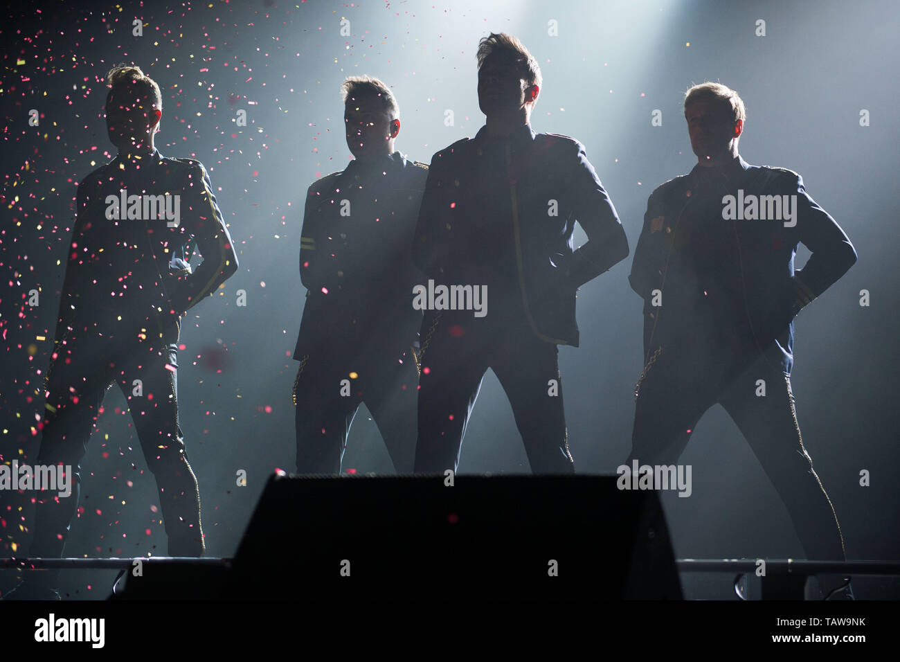 Glasgow, UK. 28. Mai 2019. Weltruf junge Band, Westlife, im Konzert an der Hydro-Arena in Glasgow während der zwanzig Tour". Bild: (links-rechts), Nicky Byrne und Mark Feehily; Shane Filan, Kian Egan. Credit: Colin Fisher/Alamy leben Nachrichten Stockfoto