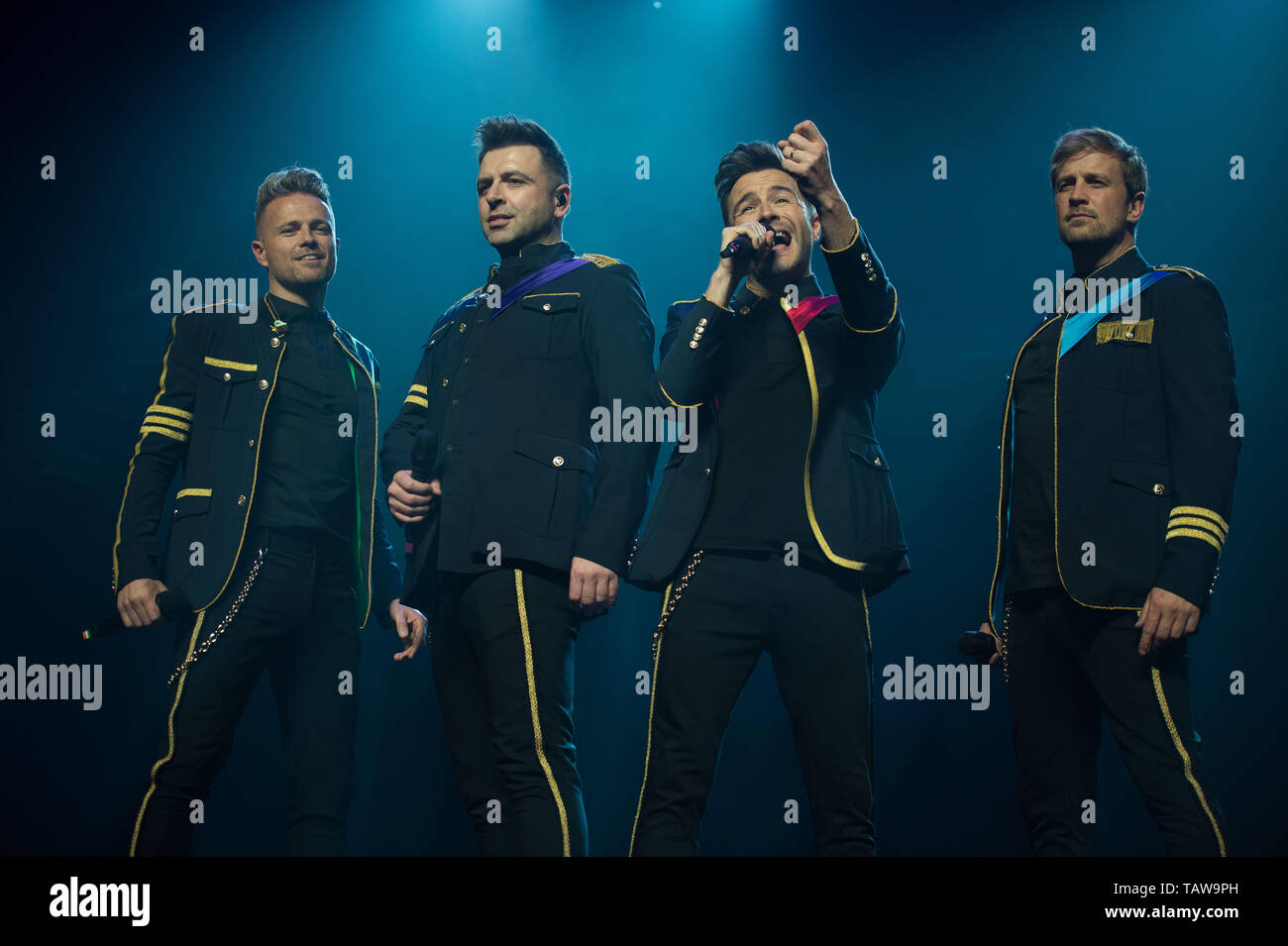 Glasgow, UK. 28. Mai 2019. Weltruf junge Band, Westlife, im Konzert an der Hydro-Arena in Glasgow während der zwanzig Tour". Bild: (links-rechts), Nicky Byrne und Mark Feehily; Shane Filan, Kian Egan. Credit: Colin Fisher/Alamy leben Nachrichten Stockfoto